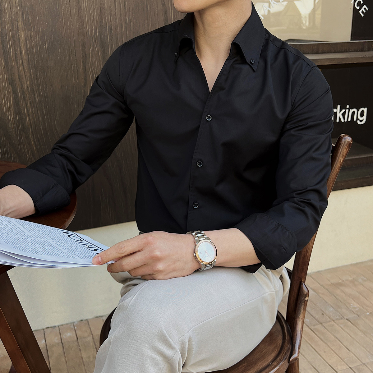 男士礼服衬衫韩版长袖纯色衬衫V领英伦修身衬衣A407-CS106-P60白,男装衬衫,电商A407