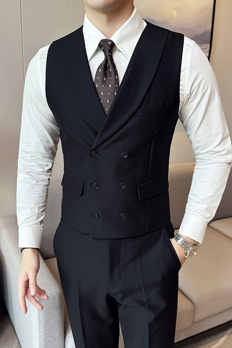 2025新款男士青果领新郎伴郎服双排马甲两件套装黑MJ300-P140,男装休闲套装,电商A407
