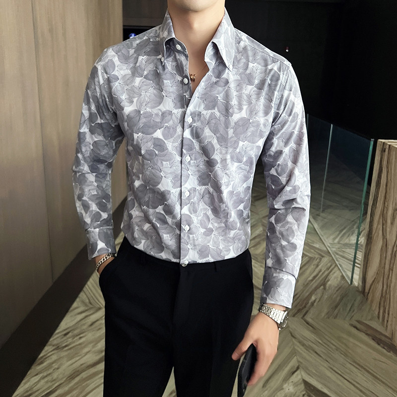 2025男士新款商务休闲大尖领长袖碎花衬衫黑A407-CS93-P68,男装衬衫,电商A407