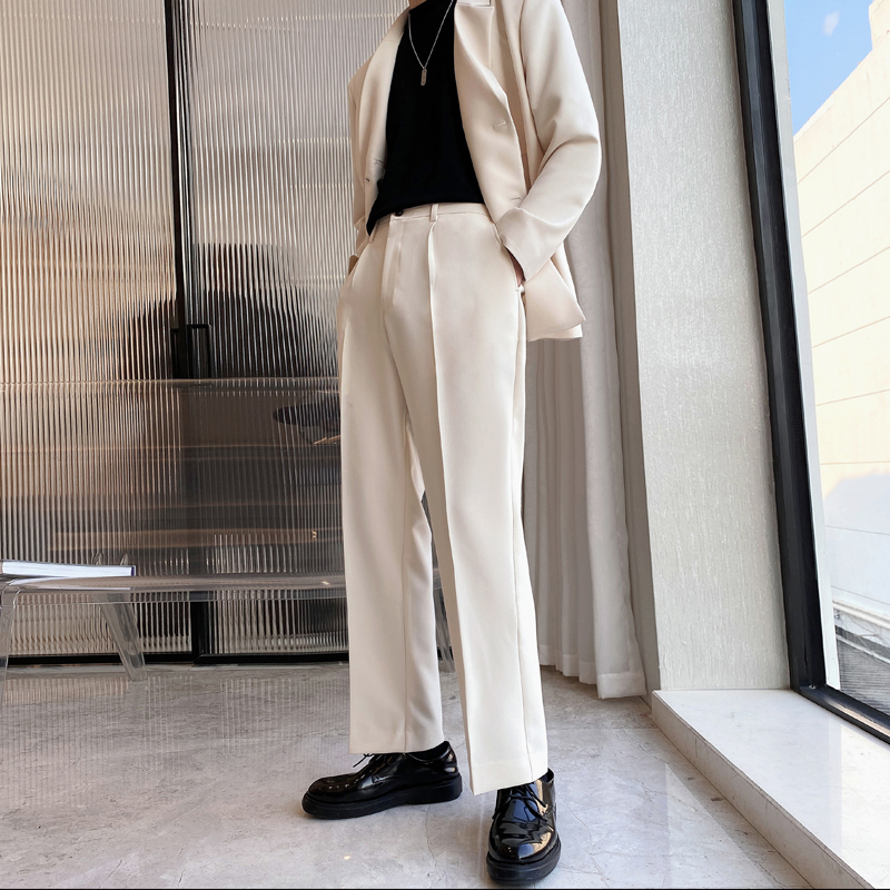 男士网红风垂感阔腿裤宽松直筒松紧腰长裤男西装裤杏K281-P75控98，男装西服套装，电商A407