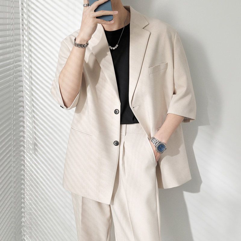 ins轻熟风纯色宽松落肩中袖西服外套男青年西装杏XZ285/P135控198，男装西服套装，电商A407