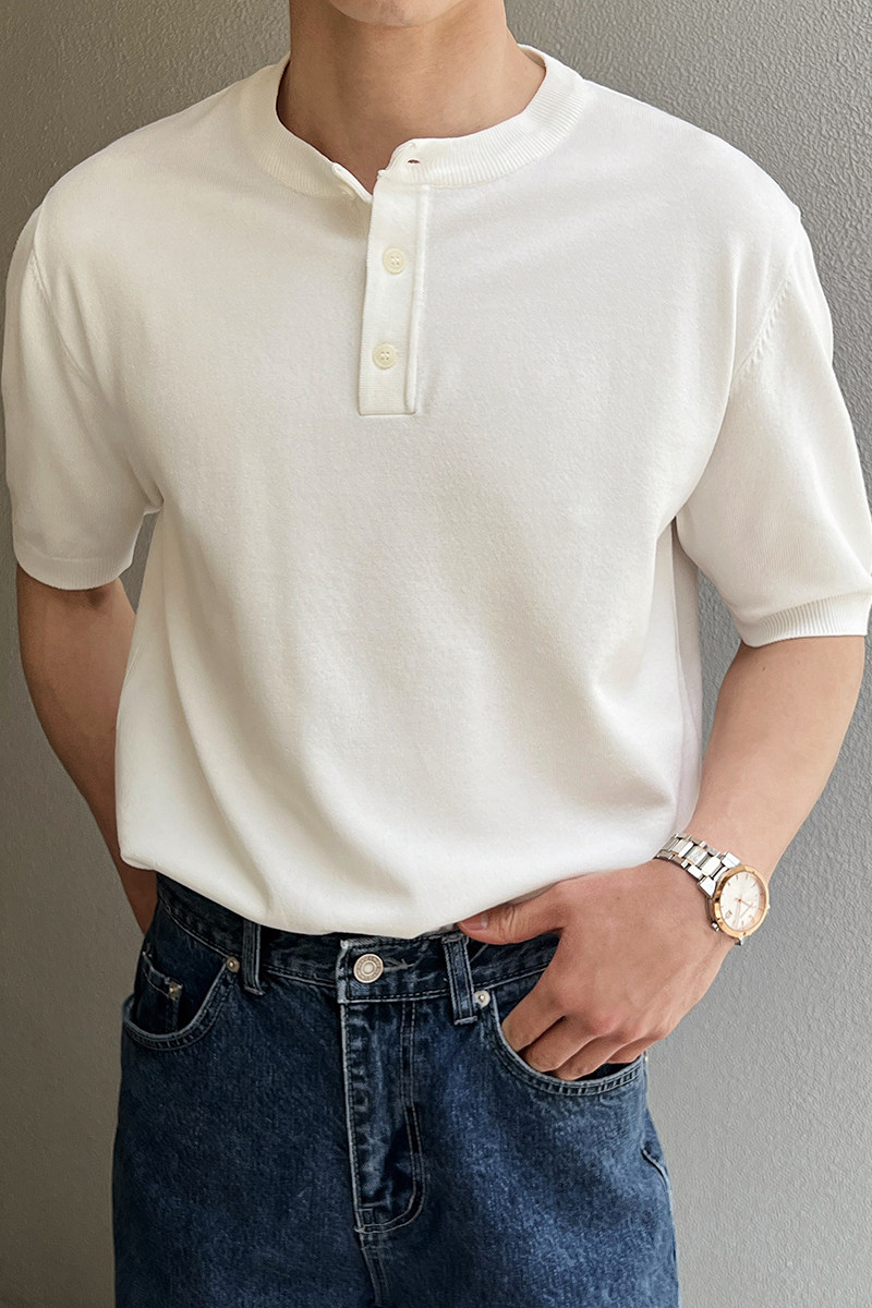 夏季弹力短袖男针织衫套头圆领T恤休闲亨利领薄款A407-DT84-P65白,男装T恤,电商A407