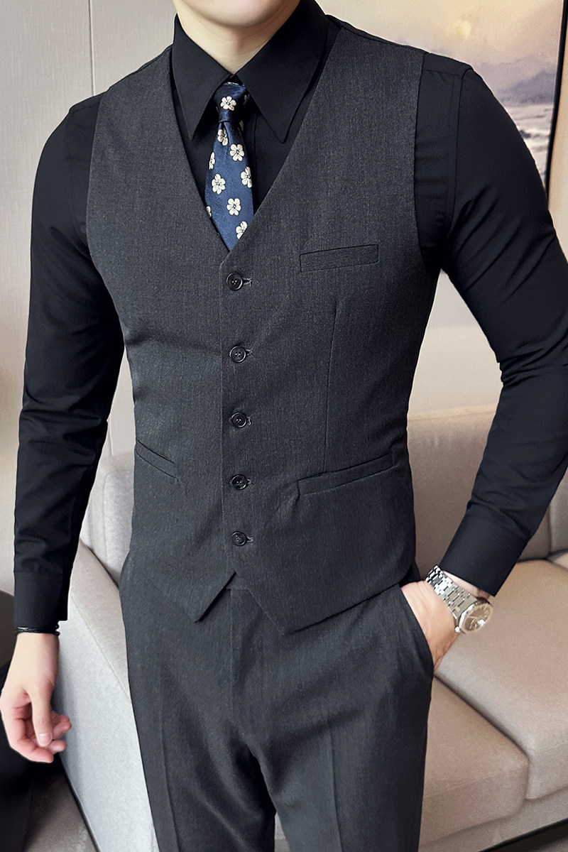 2025新款男士单排商务休闲V领修身马甲新郎伴郎服灰-MJ338-P45,男装背心/马甲,电商A407