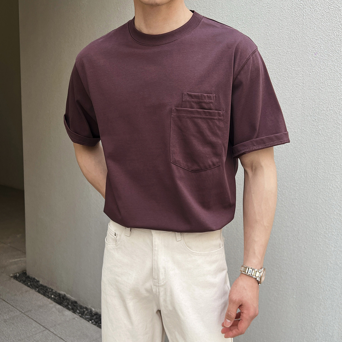 男士液氨免烫棉白t恤免烫冰爽夏季英伦风短袖T恤A407-DT86-P45栗,男装T恤,电商A407