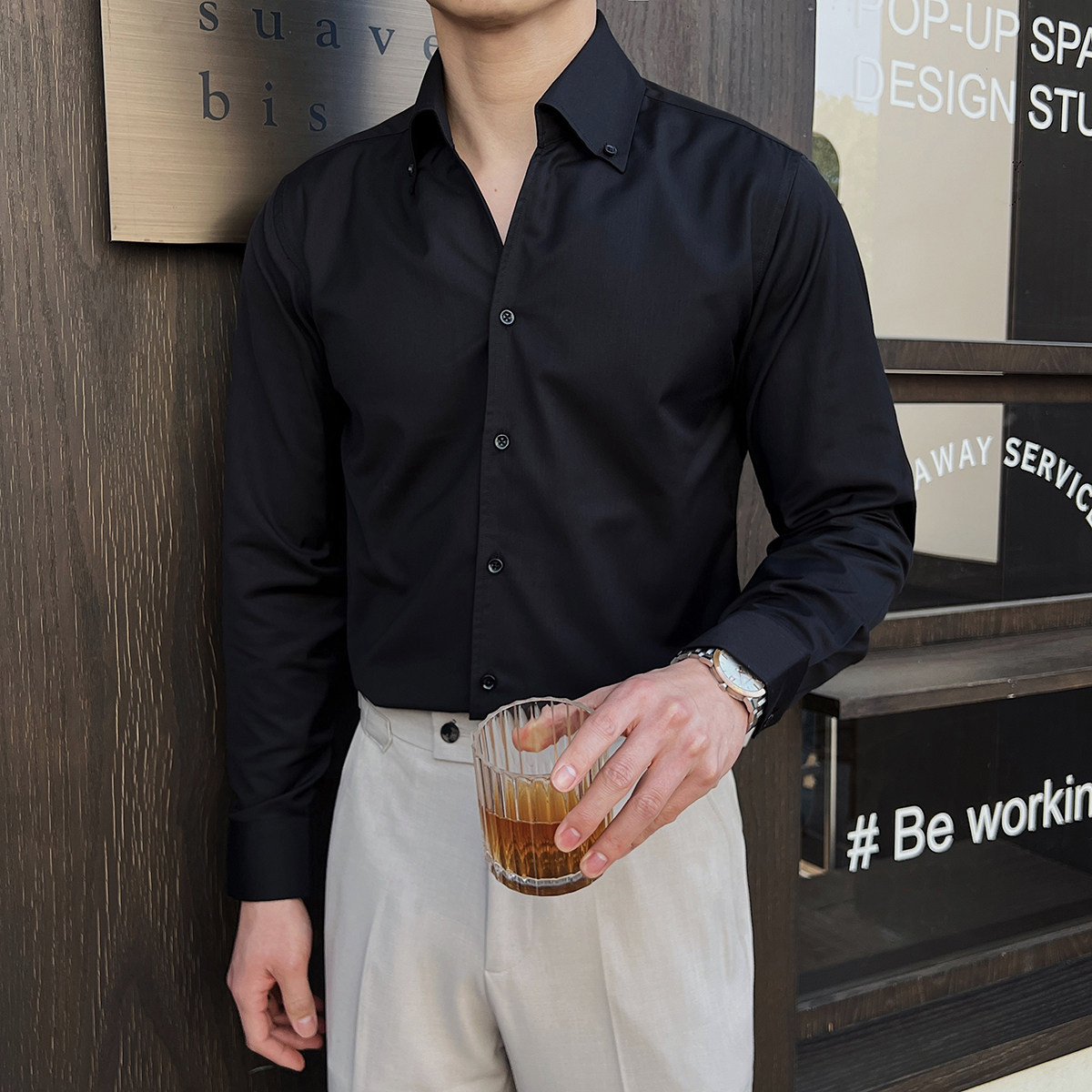 男士礼服衬衫韩版长袖纯色衬衫V领英伦修身衬衣A407-CS106-P60黑,男装衬衫,电商A407