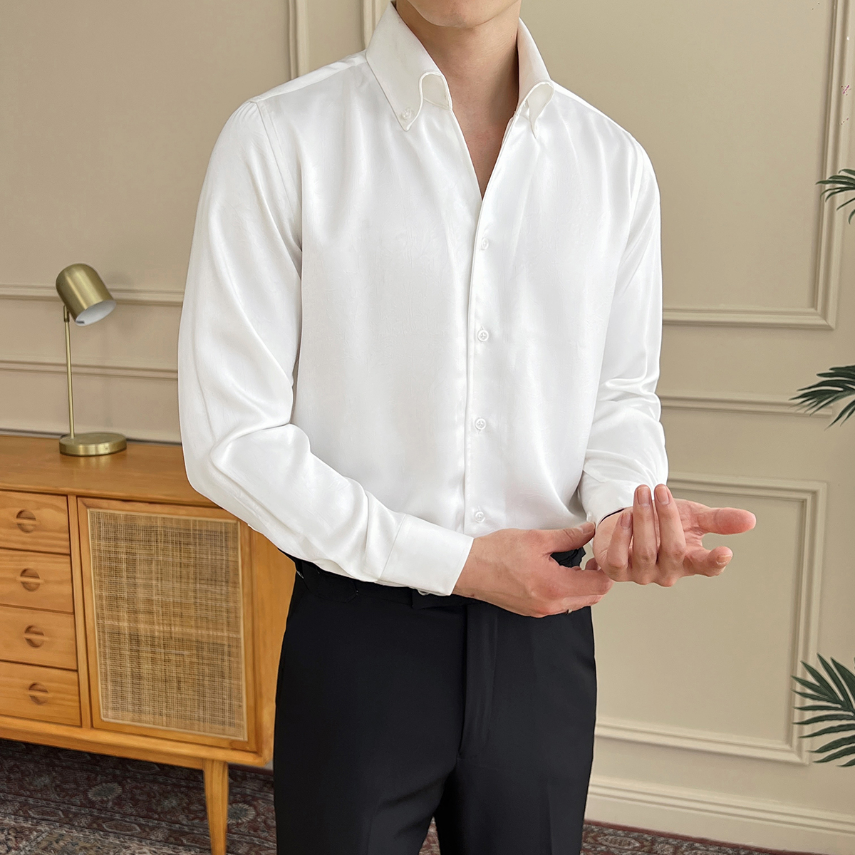 新款男士V领立领商务休闲垂感抗皱男士衬衫A407CS152黑，男装衬衫，电商A407