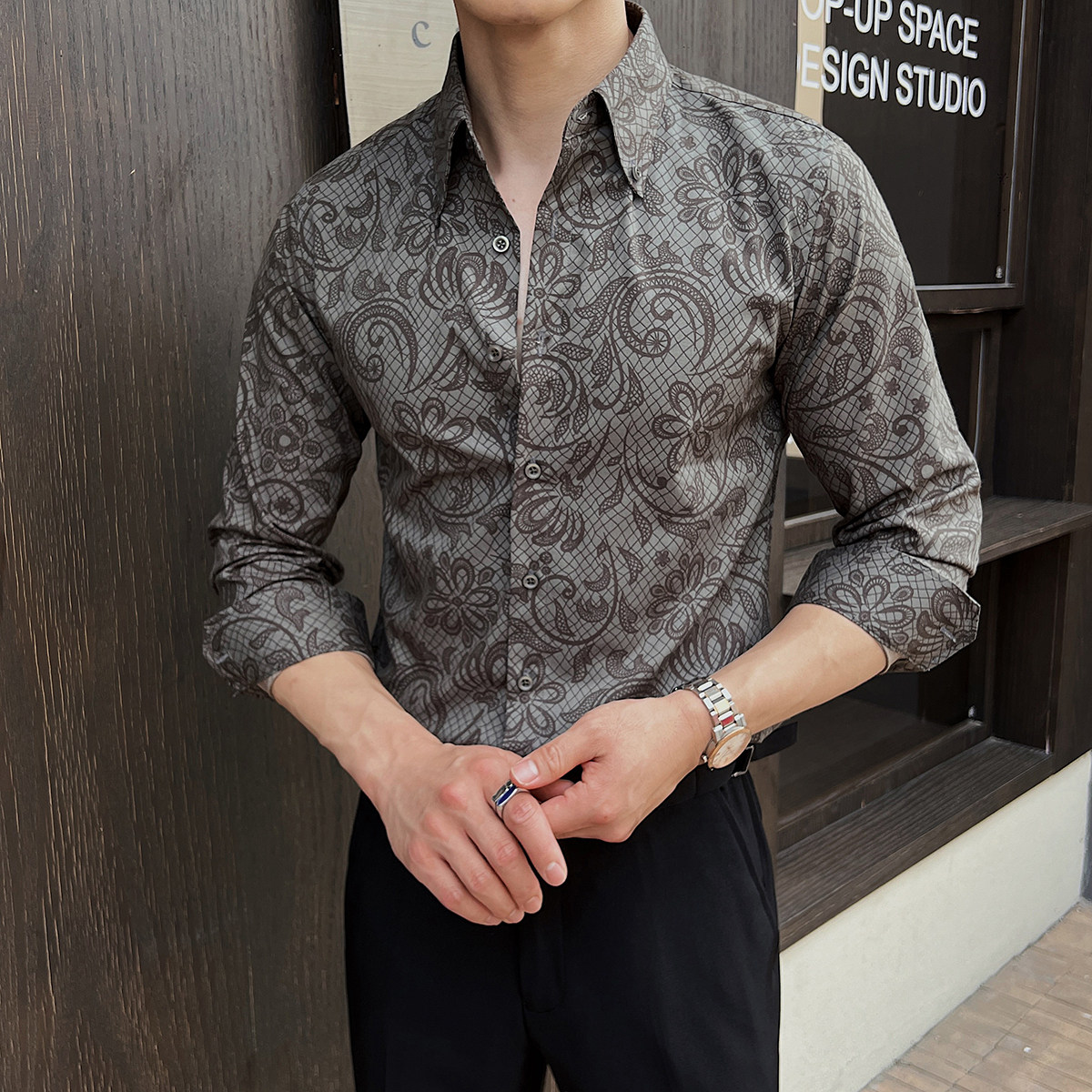 新款男士长袖痞帅花衬衫男式修身长袖翻领免烫衬衣CS116-P70-绿，男装衬衫，电商A407