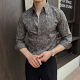 新款男士长袖痞帅花衬衫男式修身长袖翻领免烫衬衣CS116-P70-绿，男装衬衫，电商A407