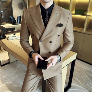23新款男士英伦风双排扣尖领西装多色商务三件套装咖SJT315-P295图片