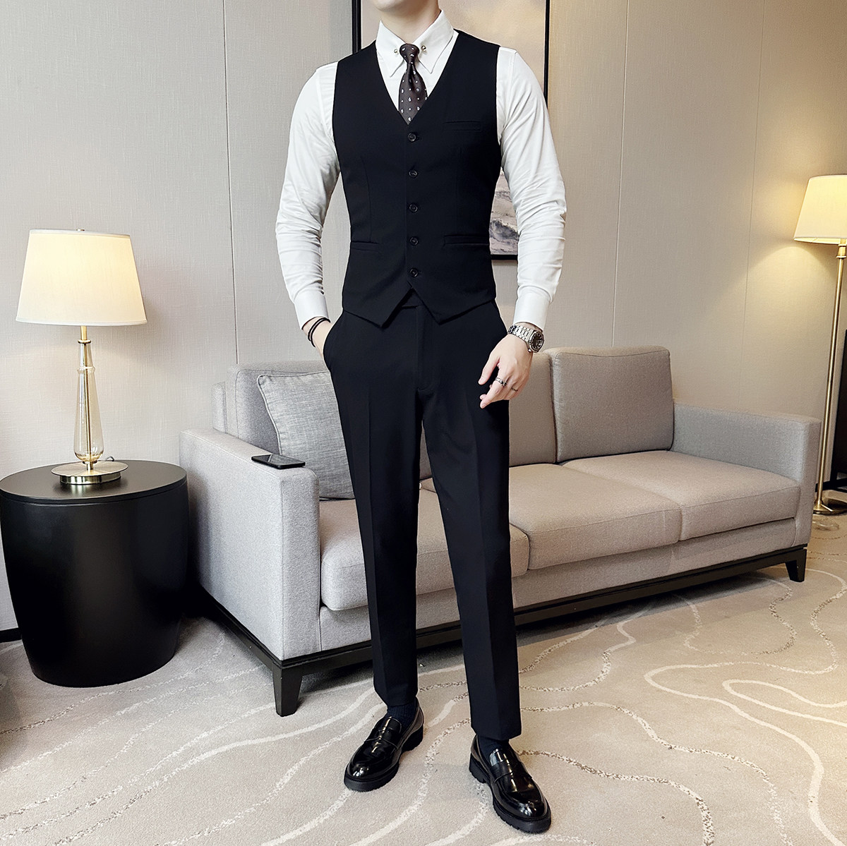 2025新款男士单排商务休闲V领修身马甲新郎伴郎服灰-MJ338-P45,男装背心/马甲,电商A407