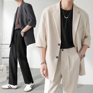 ins轻熟风纯色宽松落肩中袖西服外套男青年西装拼XZ285/P135控198图片