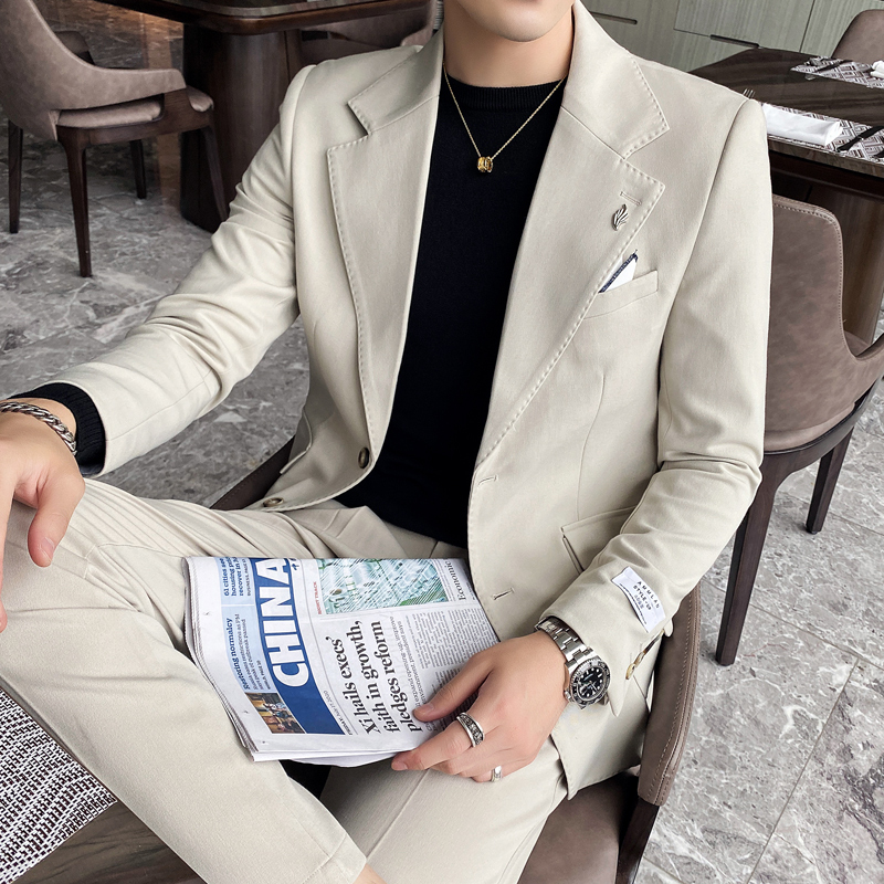 2025秋冬新款男士单排纯色休闲西装新伴郎西可配套装XZ273-P160杏，男装西服套装，电商A407