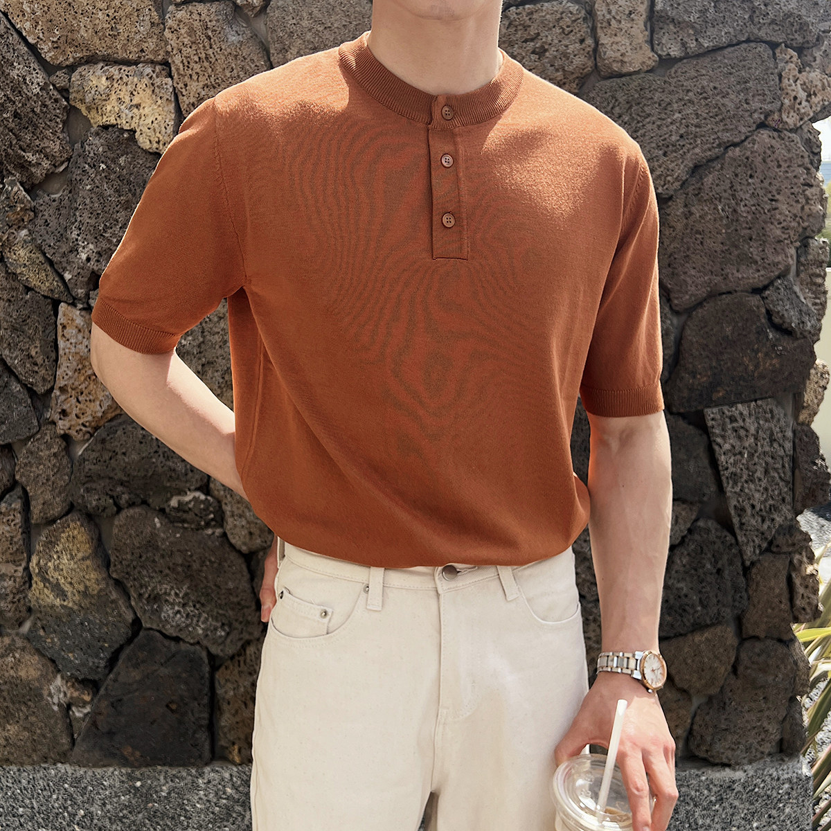 夏季弹力短袖男针织衫套头圆领T恤休闲亨利领薄款A407-DT84-P65咖,男装T恤,电商A407
