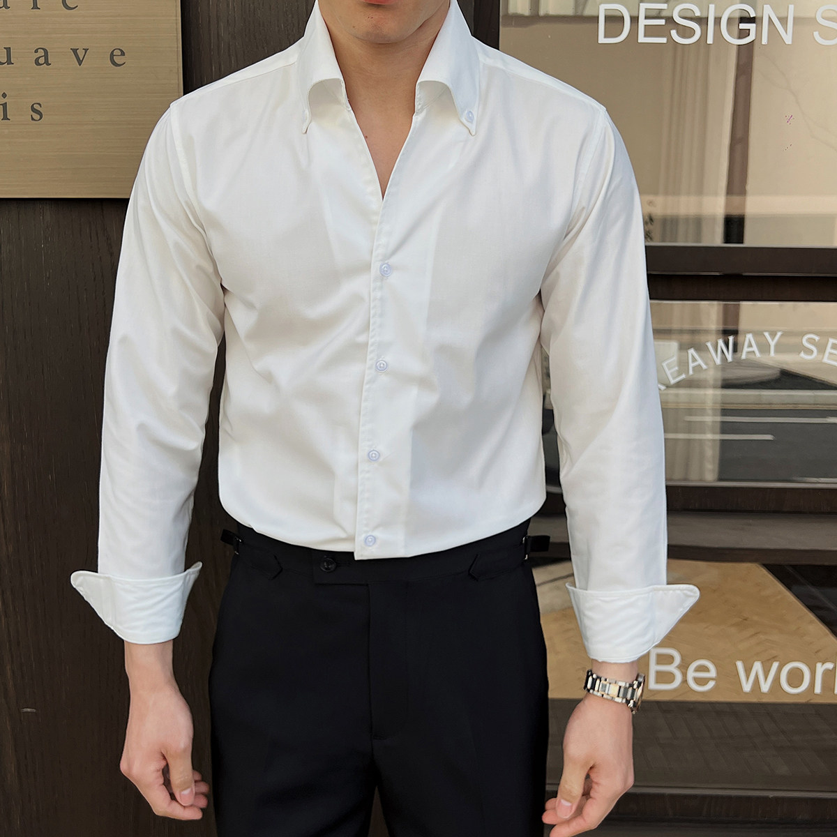 男士礼服衬衫韩版长袖纯色衬衫V领英伦修身衬衣A407-CS106-P60白,男装衬衫,电商A407