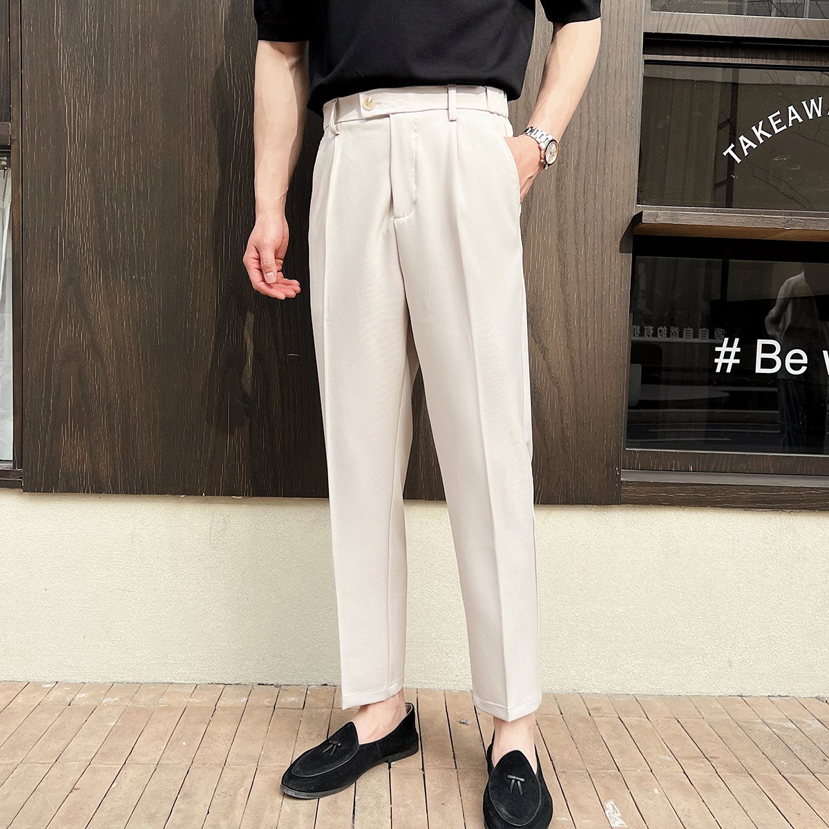 男士休闲阔腿弹力长裤宽松九分西裤英伦风直筒A407-K361-P70杏图片