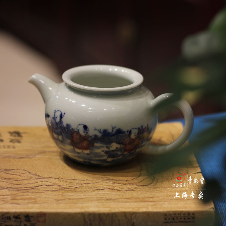 【青如堂】全手工精品青花釉里红童子公道杯 六合茗居