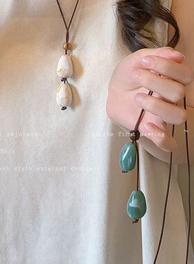 长款毛衣链编织干果男女棉麻植物橡果森系服饰配饰项链手工民族风