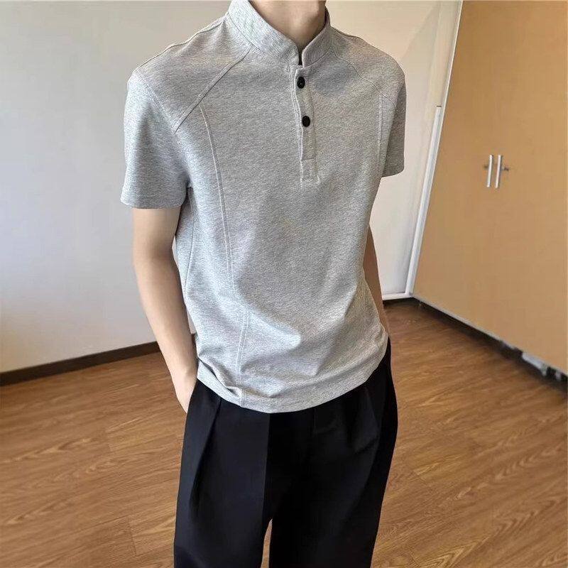 上衣美式复古亨利领衫T恤短袖正肩短款男款夏季clepanfit显瘦olo