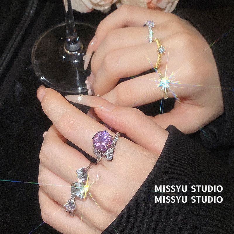 风~开口素棱流晶女韩系手饰圆形高级感设计感锆石指环精致戒指ins