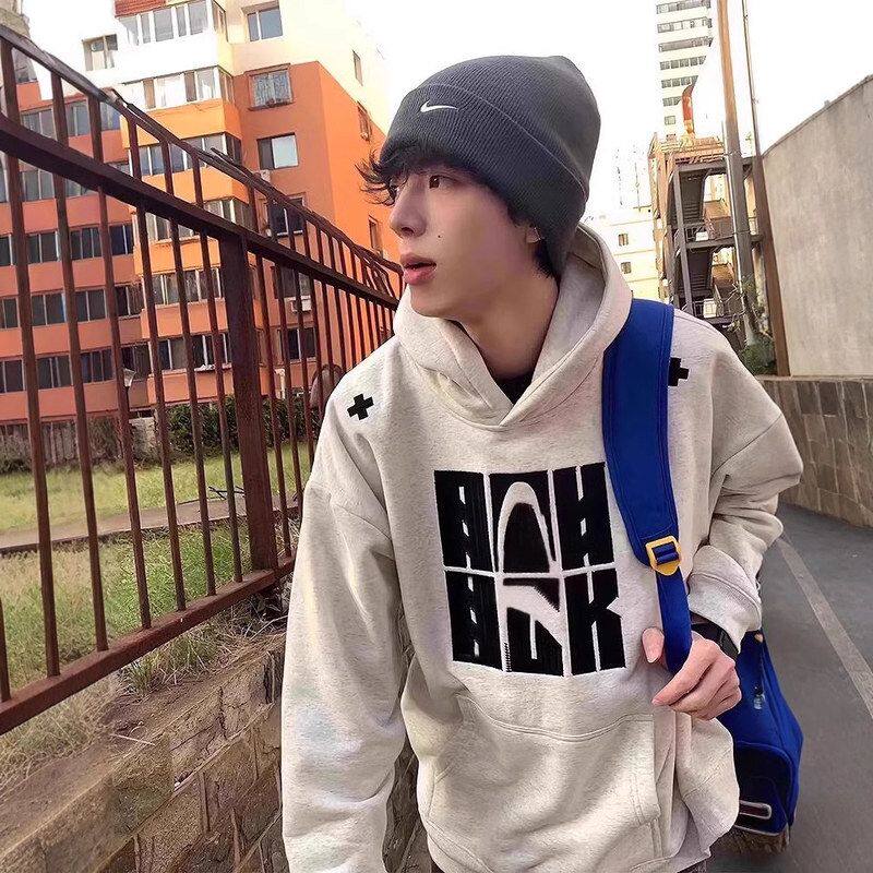 青少年卫衣外套复古重磅男款花潮牌连帽灰色美式高级感刺绣秋冬季