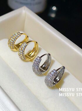 揽极简轻奢电镀高级感耳饰圆形星光14K法式月耳扣锆石耳环！真金