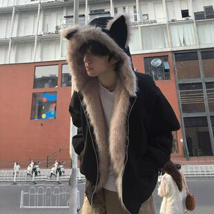 棉服皮衣毛领美式猫外套棉衣耳朵c男款冬季复古座山雕le连帽anfit