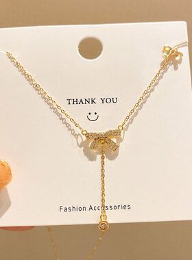 女轻奢2022年新款简约钛钢百搭蝴蝶结流苏小众设计感吊坠项链颈链