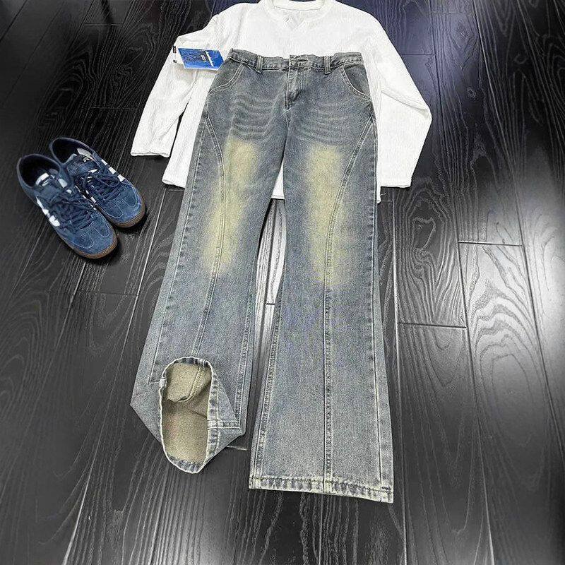 复古le直筒裤美式微喇裤版显瘦牛仔裤显腿长斜切子男c秋季anfit窄