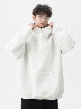 纯色440g休闲重磅外套卫衣潮牌灰色秋冬连帽半拉链男美式高街百搭