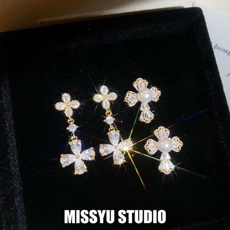 !复古银针耳饰珠芯花钿锆石轻奢