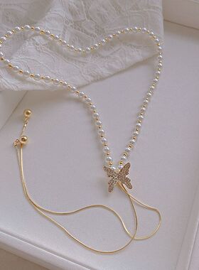 颈链流苏圆珠女蝴蝶锁骨珍珠项链链轻奢小众高级感气质2022年新款