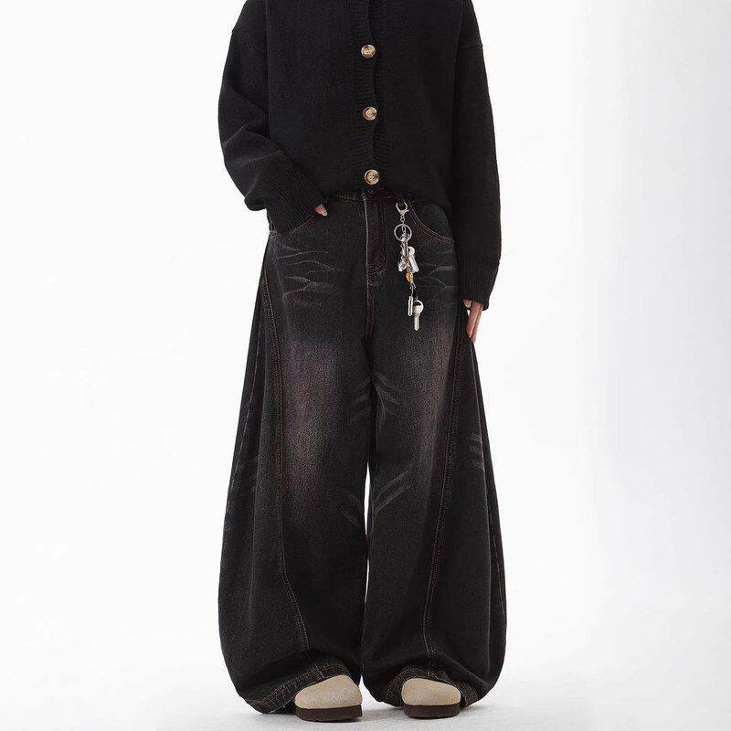 猫须牛仔裤宽松男女水洗阔腿长裤子潮牌复古弯刀做旧美式垂感黑色