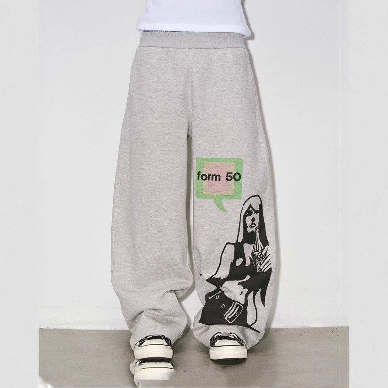版型弯刀新款休闲人像复古夏季慵懒阔腿男女百搭长裤美式卫裤印花