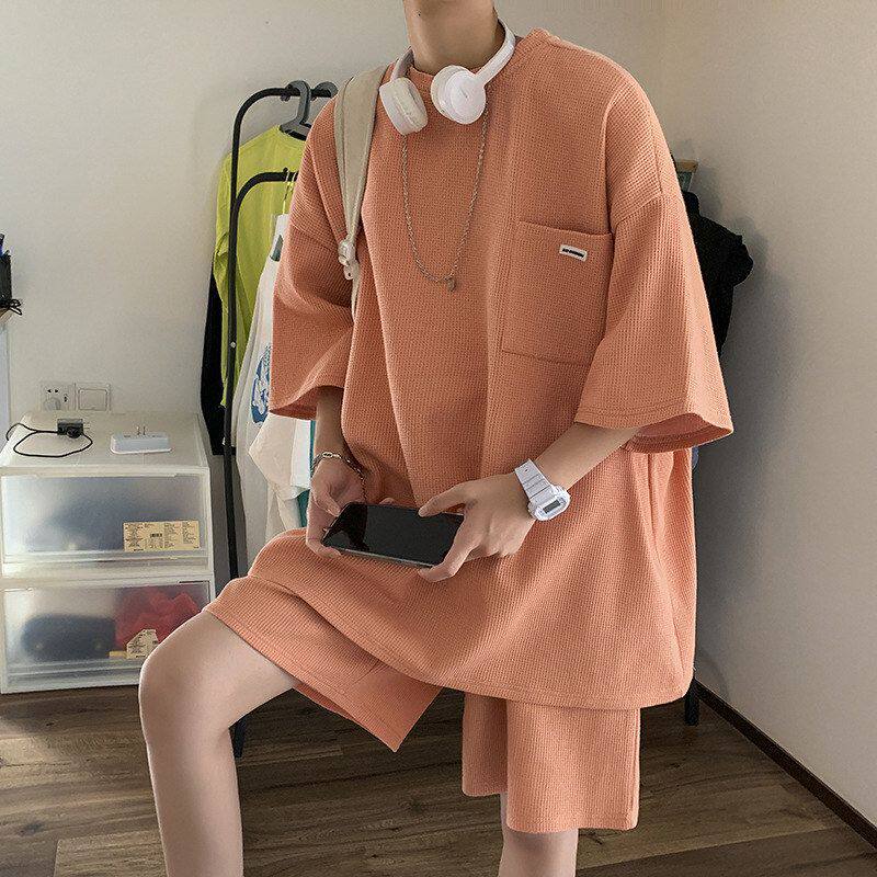 短裤t恤ins港风韩版夏季男帅气华夫格运动套装潮流两件套短袖潮牌