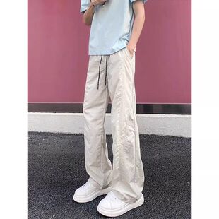 速干裤白色工装裤子网眼透气米薄款冰丝美式拼接男直筒运动裤夏季