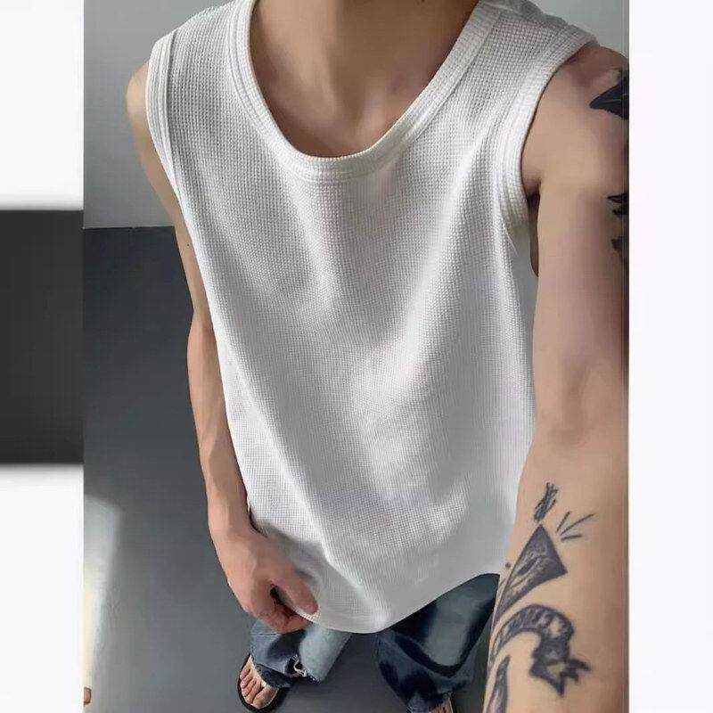休闲性男士背心夏季张力新款华夫格圆领t恤运动穿无袖体恤搭宽松
