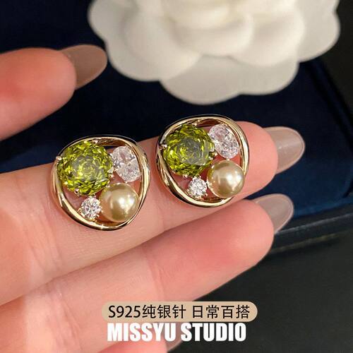 复古女耳饰耳钉珍珠轻奢锆石针纯银S925！绿绮凝珍时尚耳环宫廷风