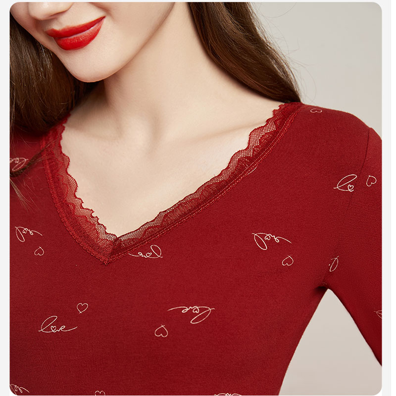 红色秋衣秋裤女本命年保暖内衣大码结婚打底棉毛衫雷丝V领紧身薄