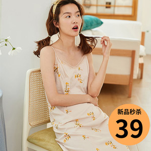 顶瓜瓜性感纯棉睡裙吊带碎花裙少女睡衣裙蕾丝V领无袖家居裙夏季