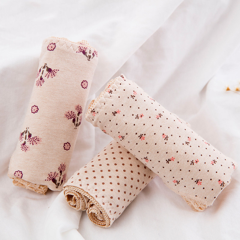 3条组合装女内裤顶呱呱内裤彩棉纯棉蕾丝边印花小平角低腰大码