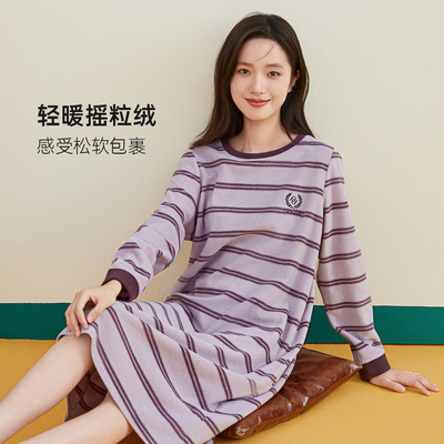 顶瓜瓜女士睡裙长袖顶呱呱摇粒绒加厚保暖睡衣条纹外穿家居服秋冬