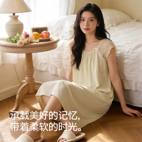 顶瓜瓜100%棉法式蕾丝小飞袖女睡裙夏季薄款纯欲风家居裙性感睡衣