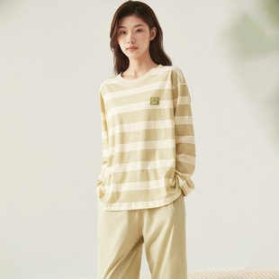 顶瓜瓜 新品 女士春秋纯棉睡衣条纹长袖 长裤 宽松套头圆领家居服套装