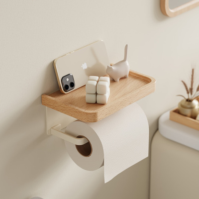 奶油风卫生间厕纸盒免打孔实木卷纸纸巾盒厕所壁挂式卫生纸置物架