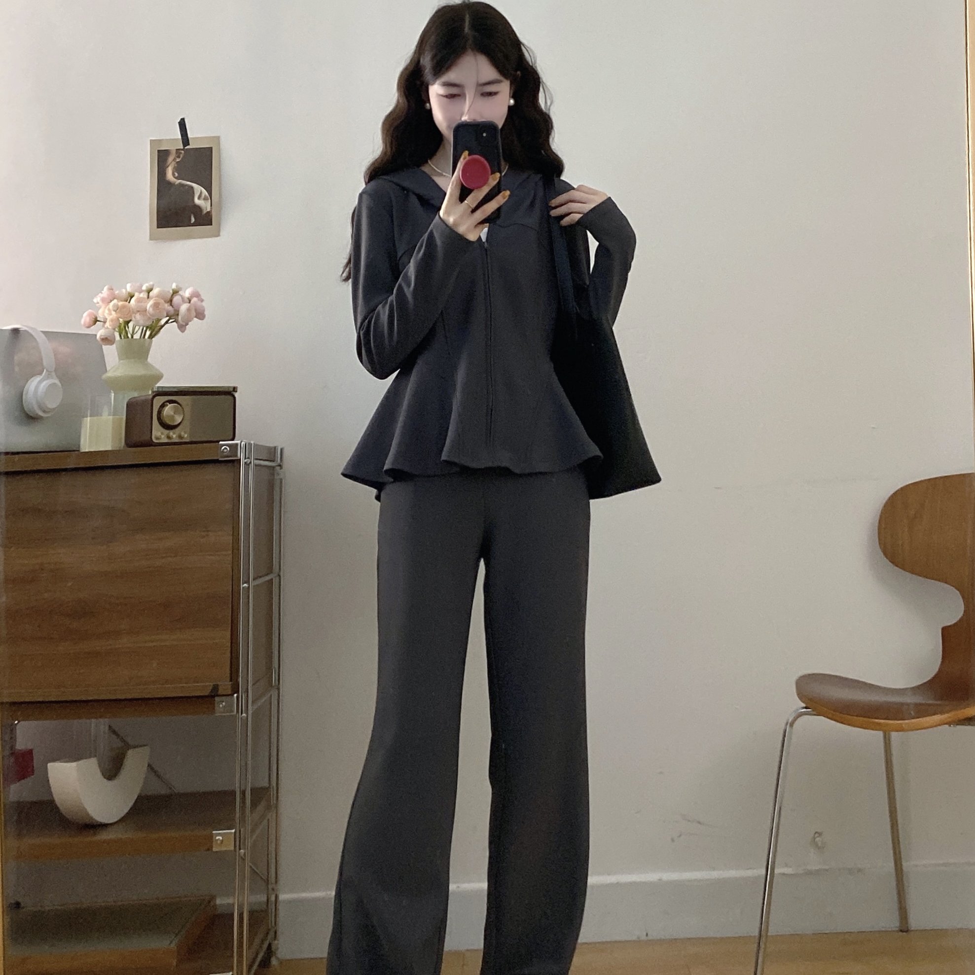 秋冬大码女装胖mm收腰显瘦时尚百搭气质长袖外套搭配休闲裤套装
