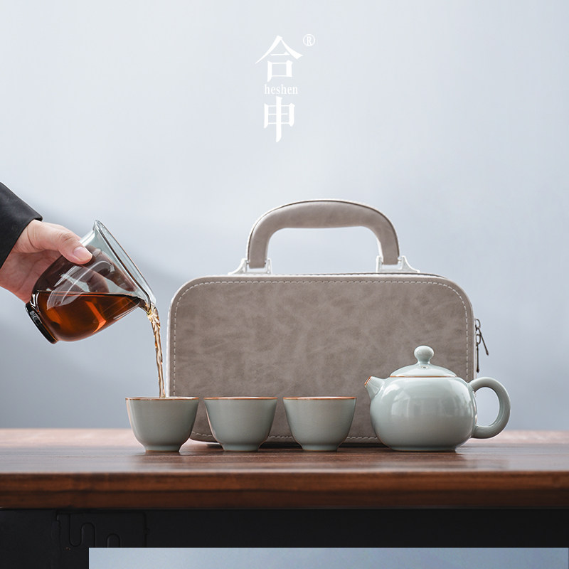 汝窑茶具套装便携式旅行茶壶一壶三杯陶瓷整套户外快客杯收纳高端,餐饮具,功夫茶具,淘宝优惠券,粉丝福利购,淘宝优惠卷