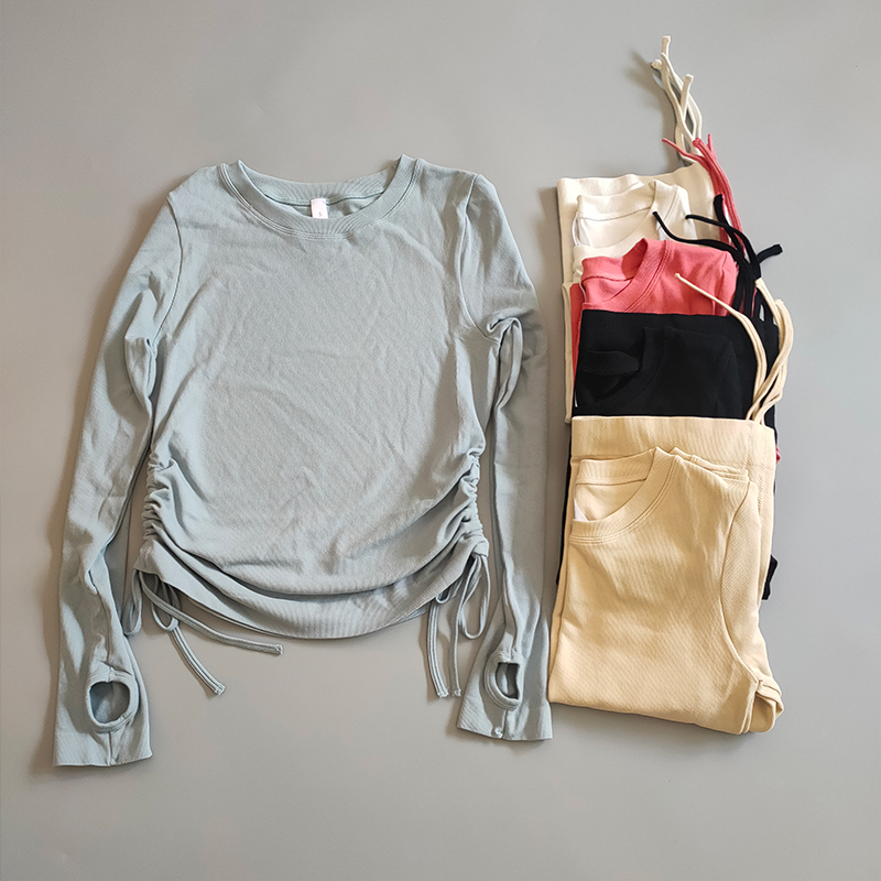 秋冬圆领抽绳瑜伽服长袖女速干透气跑步紧身上衣休闲百搭健身服