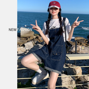 宽松显瘦减龄小个子阔腿裤 深蓝色牛仔背带短裤 2025新款 薄款 女夏季