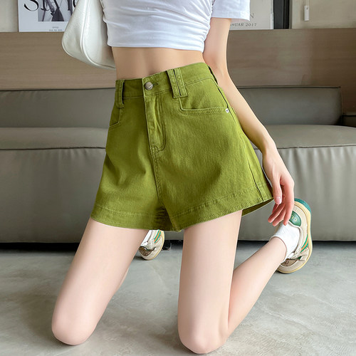 牛油果绿牛仔短裤女高腰夏天薄