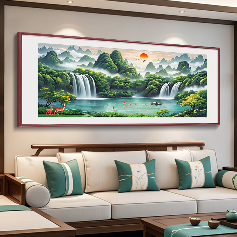 旭日东升客厅挂画国画聚宝盆山水画办公室沙发背景墙壁画装饰字画